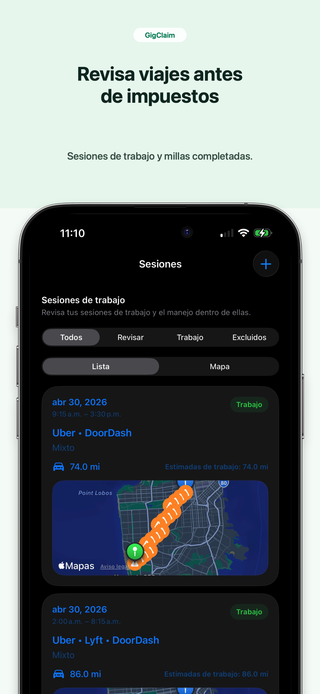 Captura de GigClaim en español para revisar cada viaje