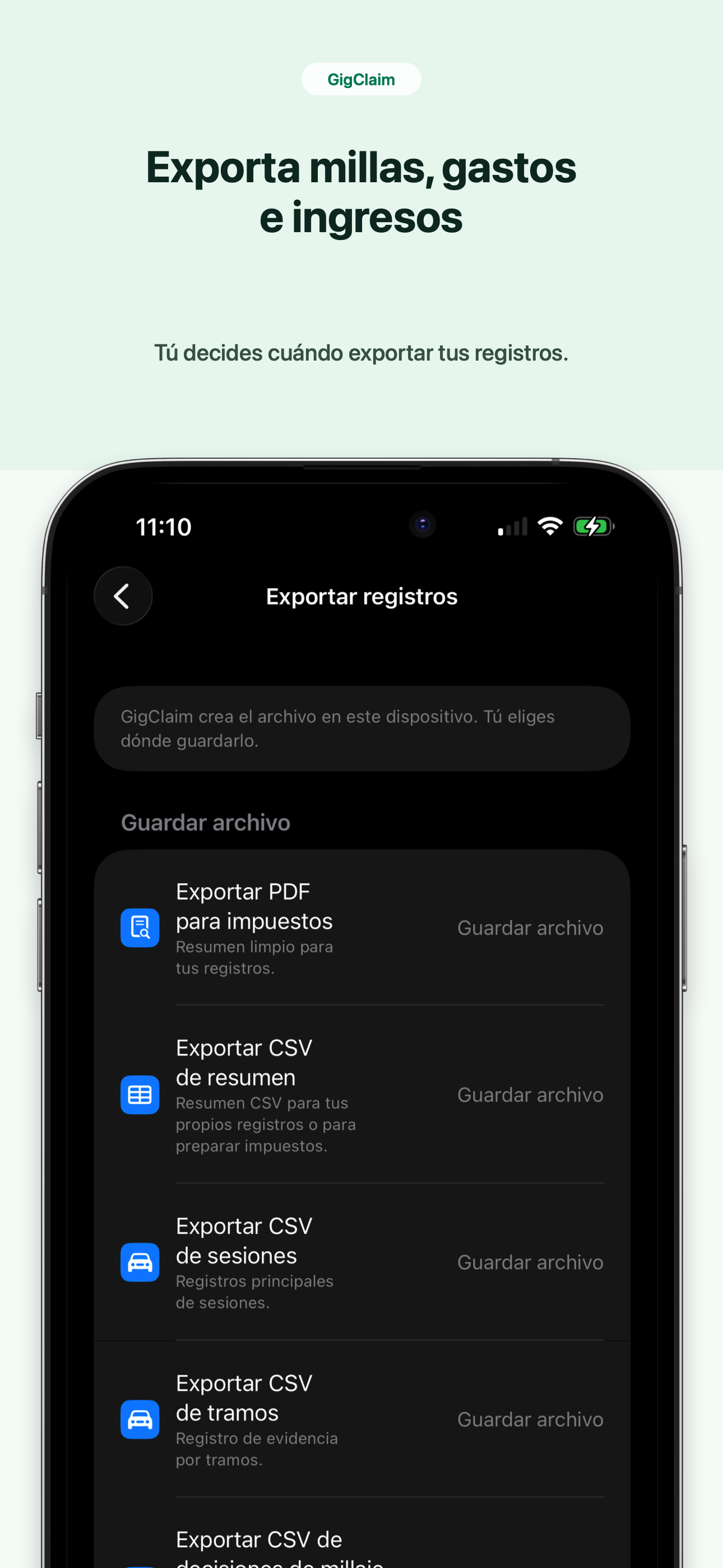 Captura de GigClaim en español para exportar millas, gastos e ingresos