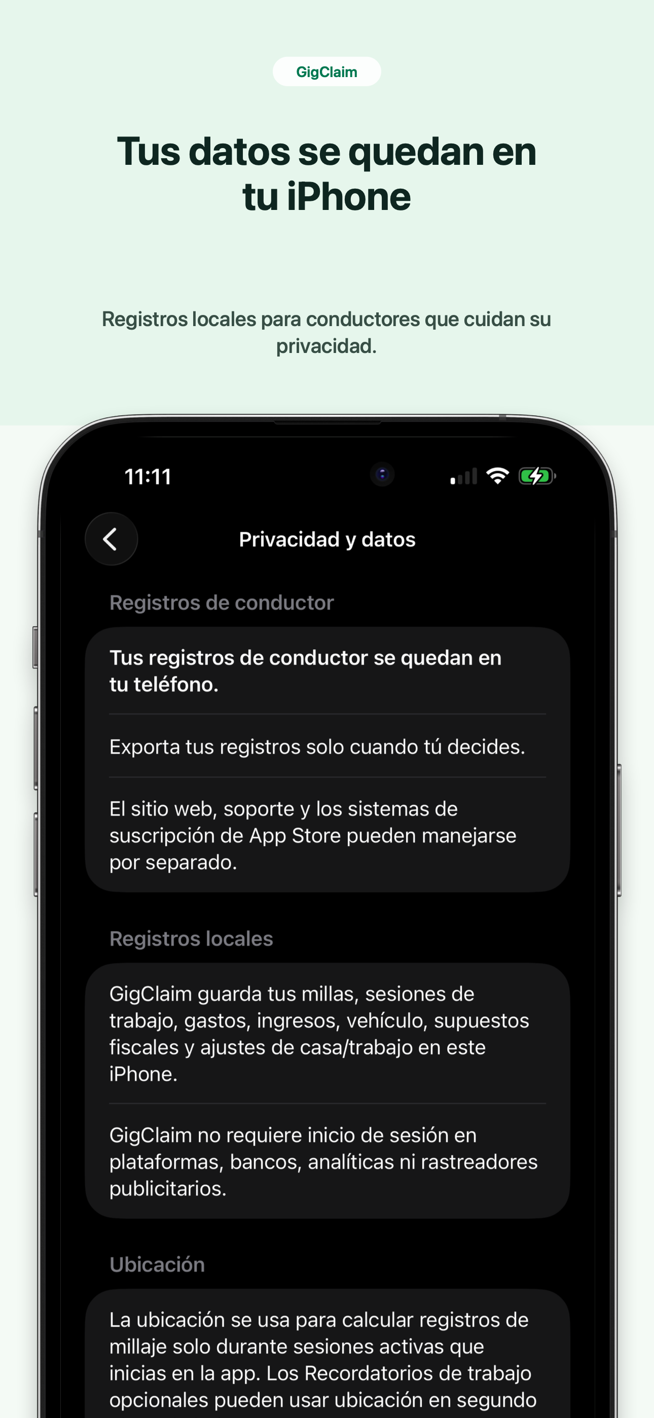 Captura de GigClaim en español sobre registros que se quedan en el iPhone