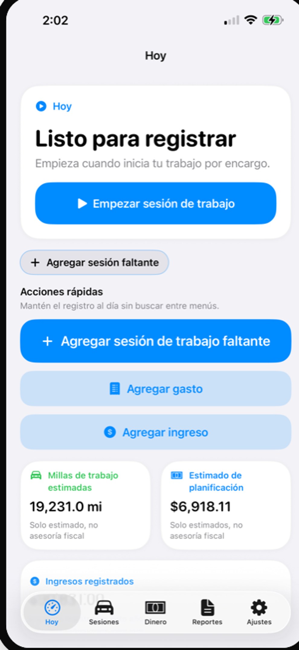 Pantalla de la app GigClaim en iPhone que muestra el panel Today, el botón Start Work, estado de revisión de millas y tarjeta de estimación.