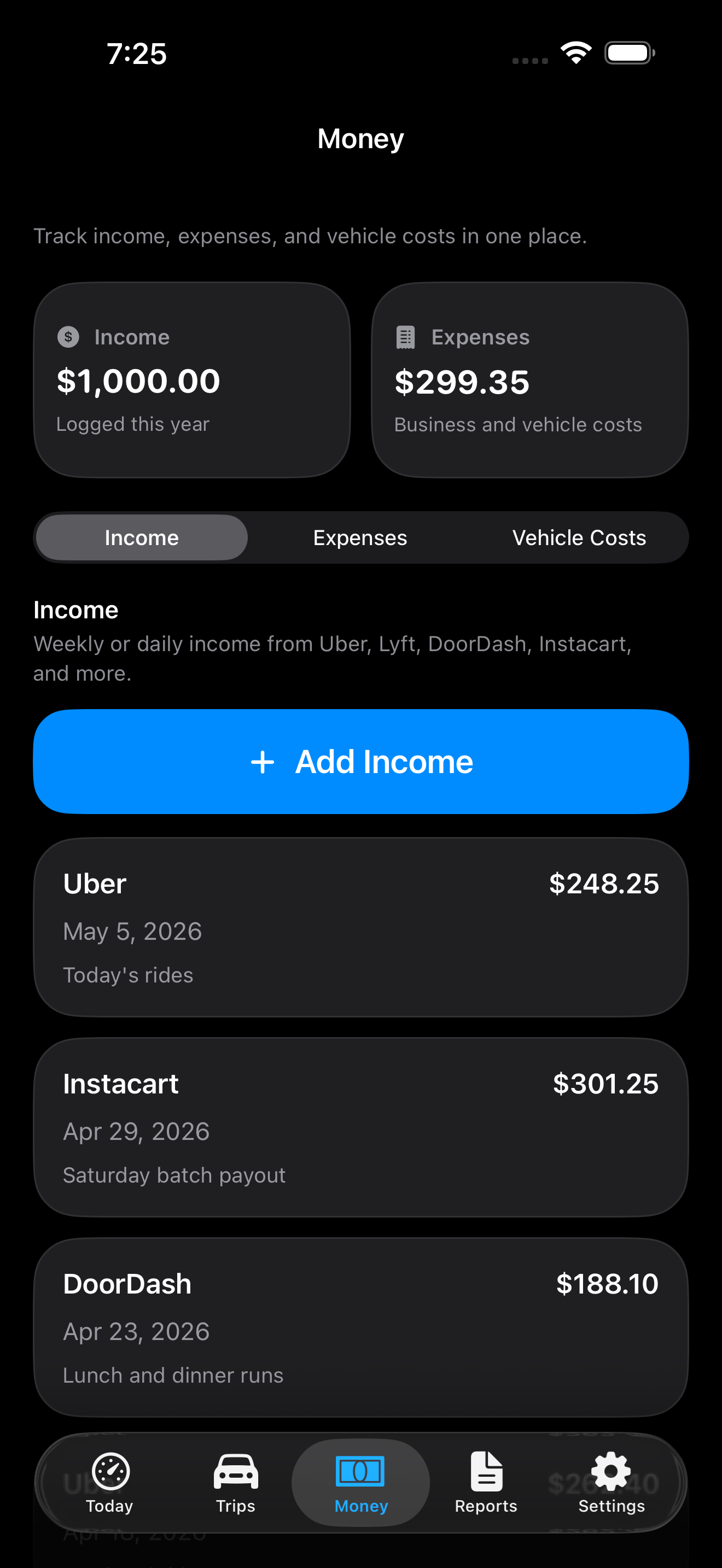 GigClaim Money screen showing earnings, expenses, and planning totals
