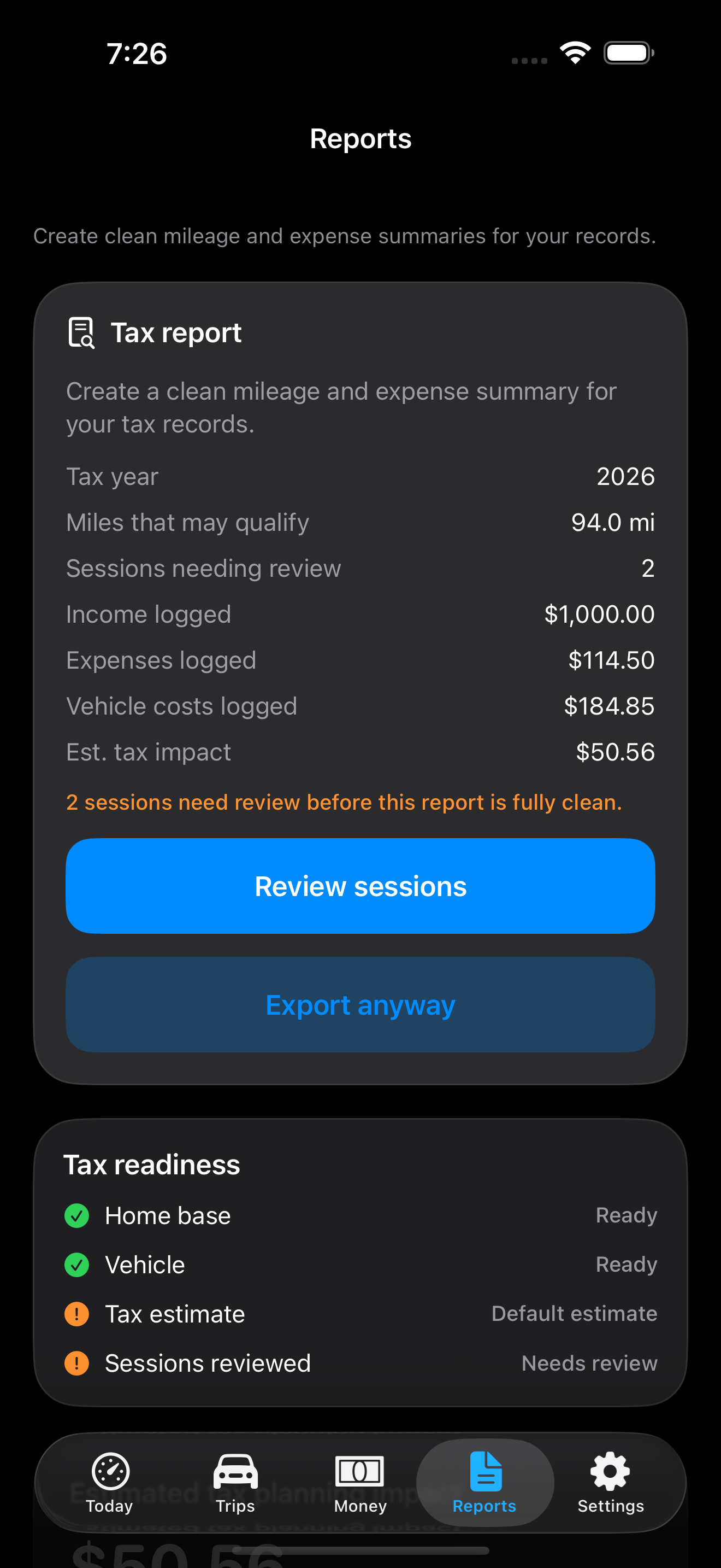 GigClaim Reports screen showing mileage, expenses, estimate impact, and review-needed warnings