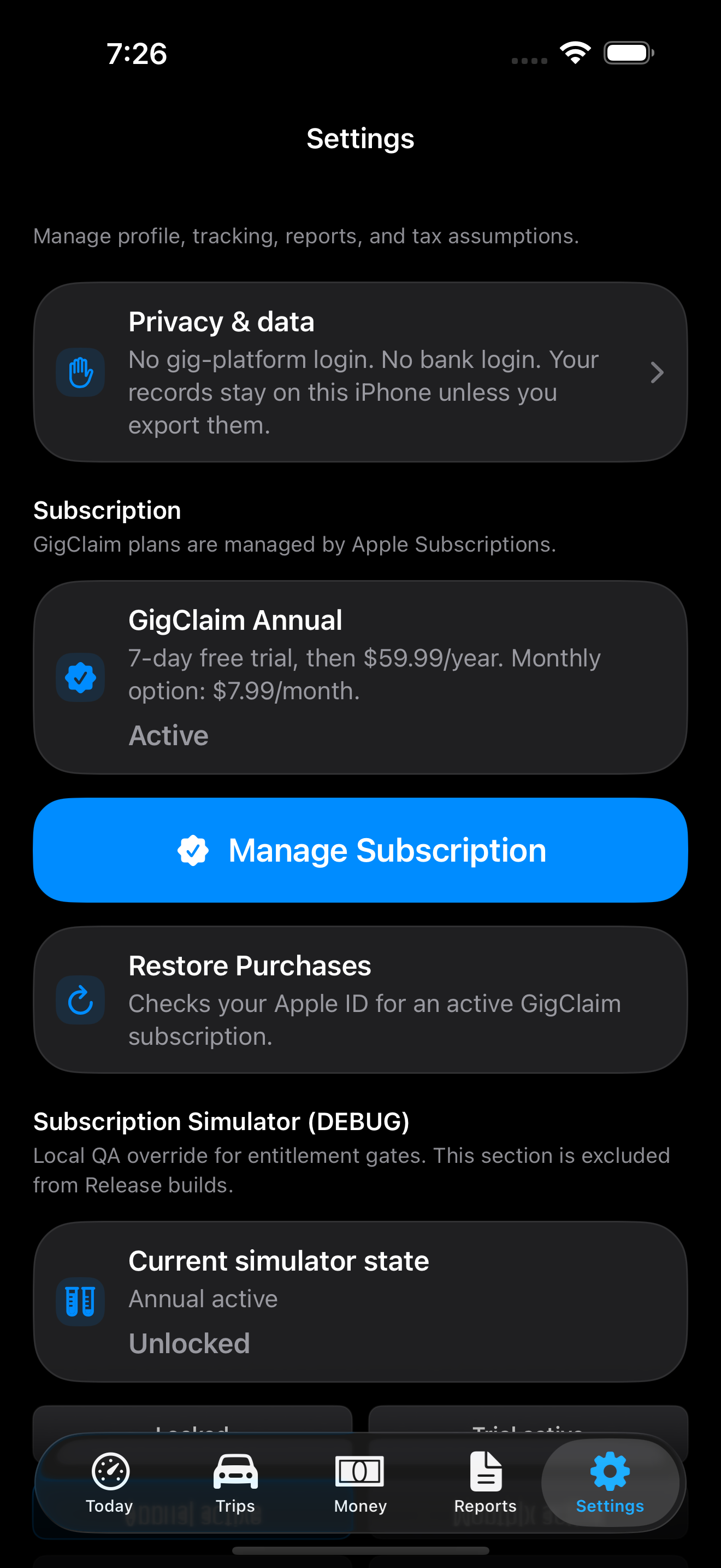 GigClaim Settings screen showing tax estimate, vehicle, home base, and backup options