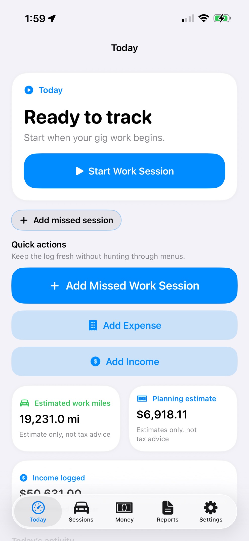 GigClaim iPhone app screen showing the Today dashboard, Start Work button, mileage review status, and tax estimate card.
