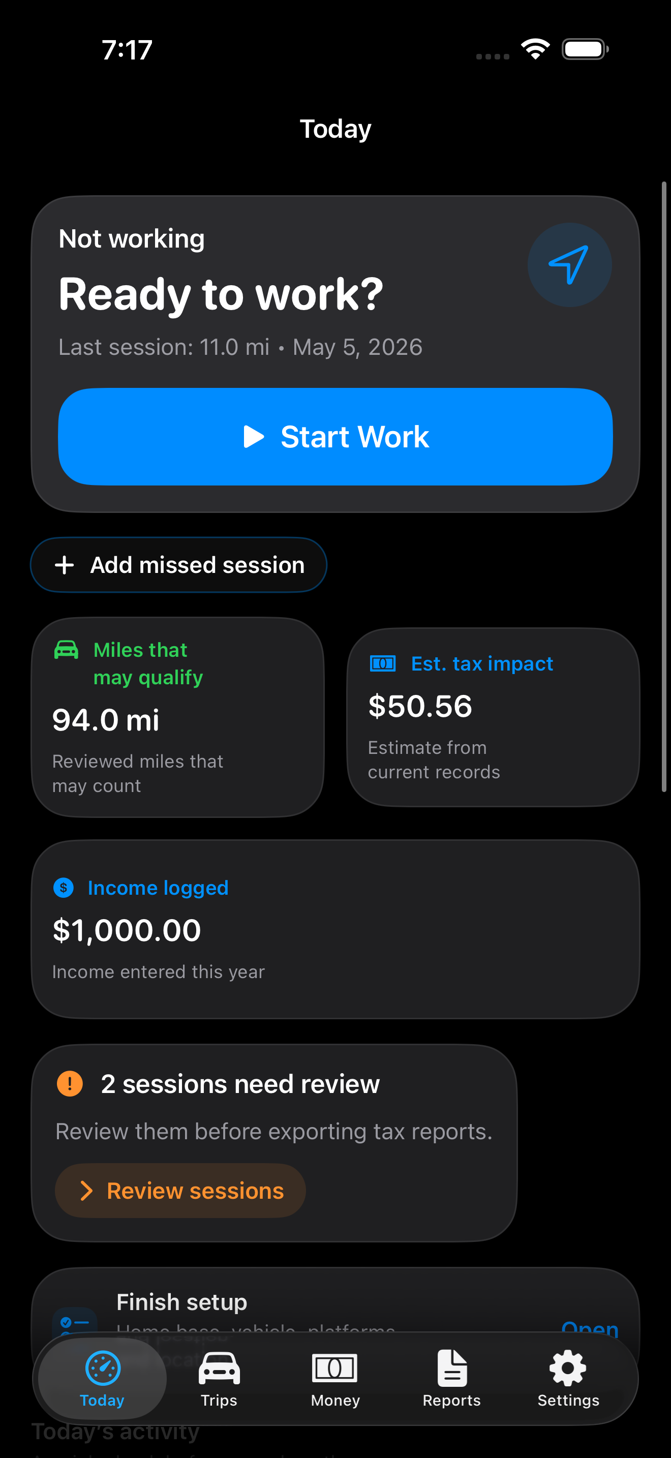 GigClaim Today screen showing the Start Work button, mileage review status, and tax estimate card