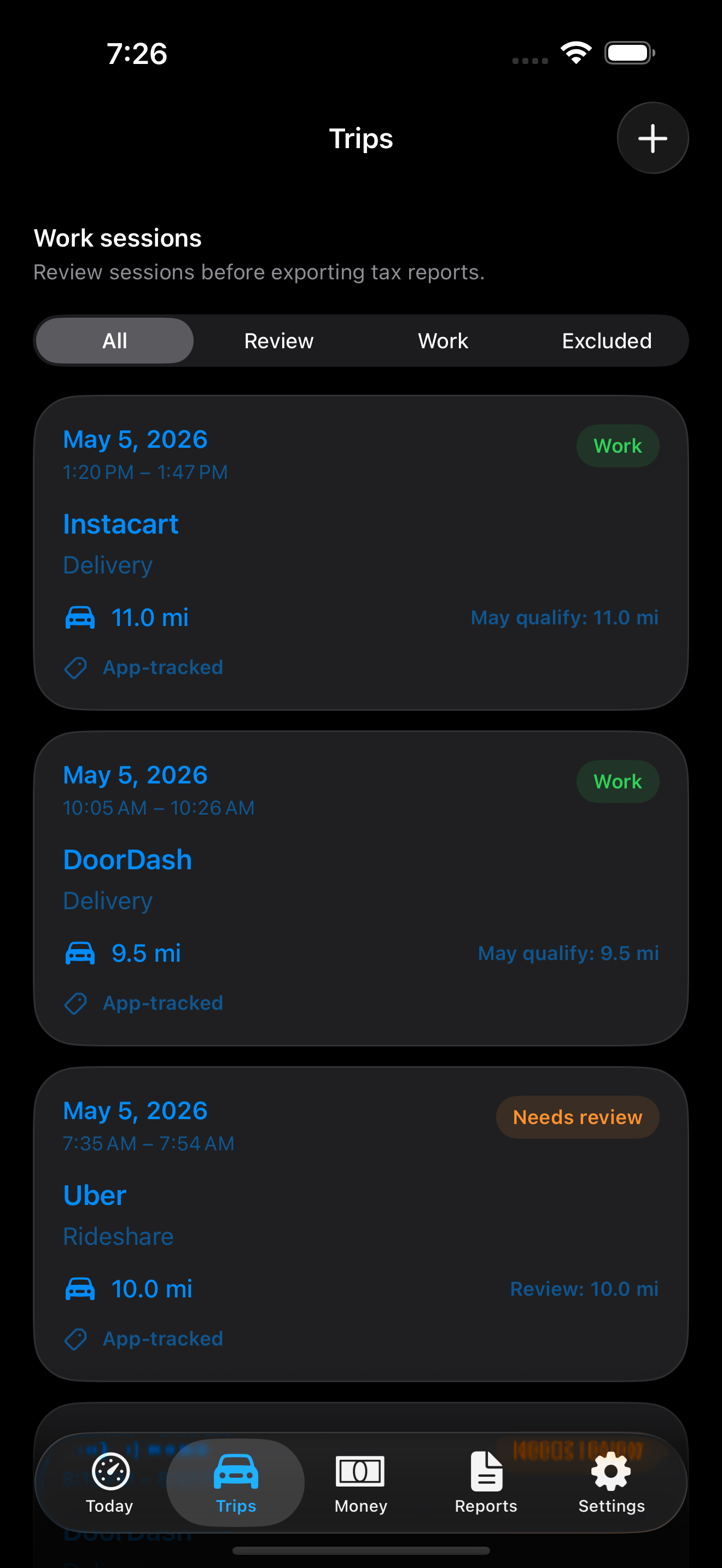 GigClaim Trips screen showing saved trip records and review-needed sessions
