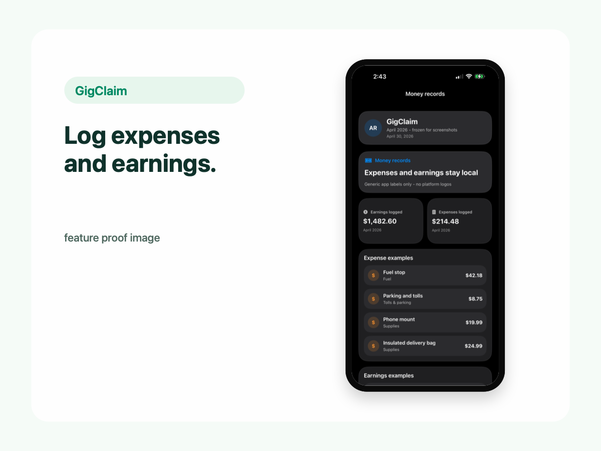 GigClaim expense and earnings screen showing fictional gig income and expense records.