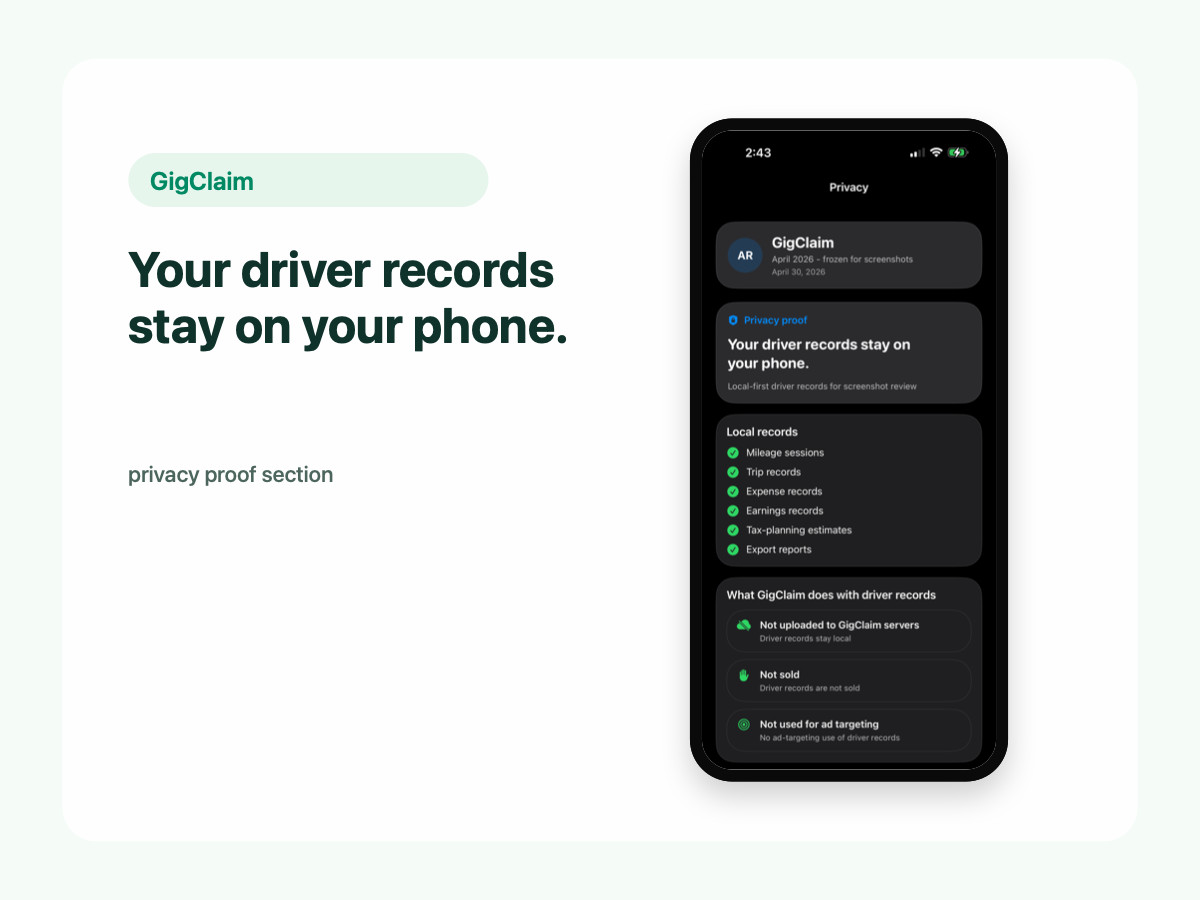 GigClaim privacy screen showing mileage, trip, expense, earnings, and tax-planning records stored locally on the phone.