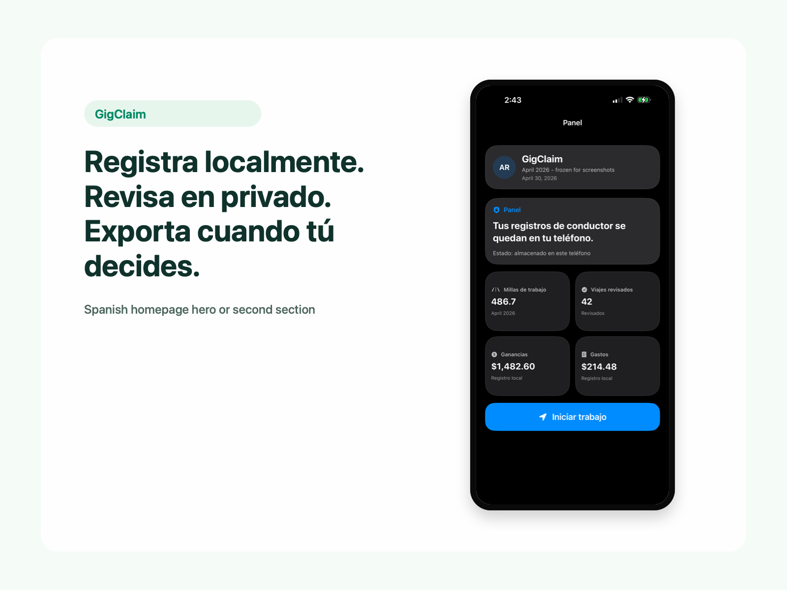 Pantalla de GigClaim con ejemplo de registros del conductor para revisar